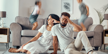 stress-tired-and-parents-with-adhd-kids-playing